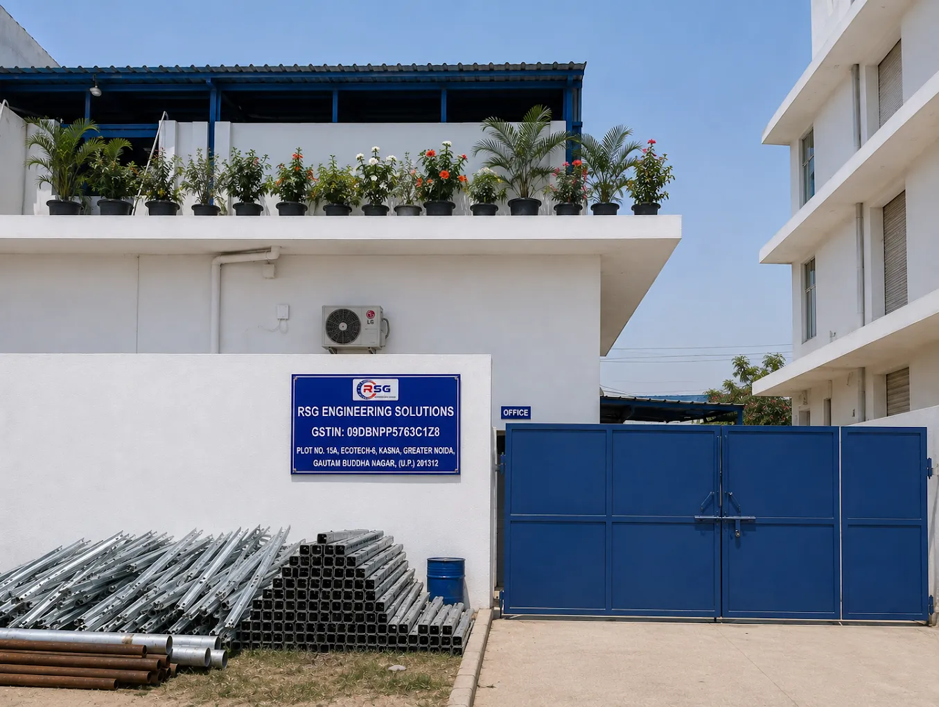 RSG Engineering Solutions office and manufacturing facility in Greater Noida, with metal fabrication materials stacked outside the blue entrance gate.